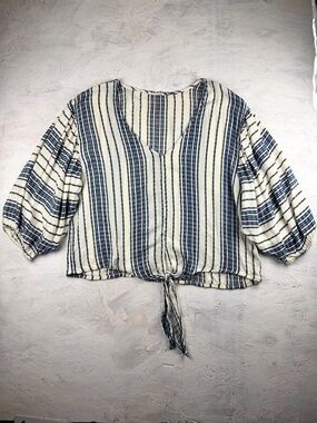 lovestitch Cream and Navy Striped Tie-Front V-Neck Blouse
